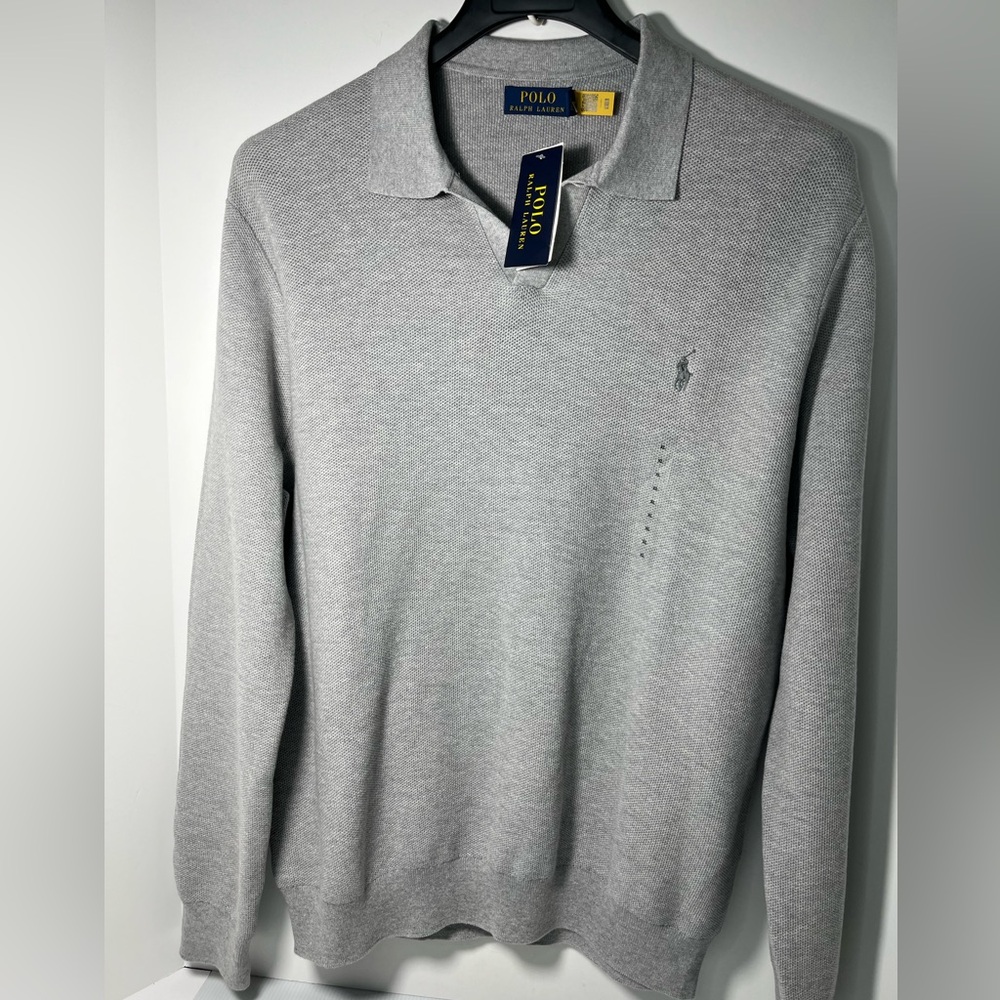 POLO RALPH LAUREN 100% Cotton Textured Jersey Long Sleeve Polo Shirt Sweater